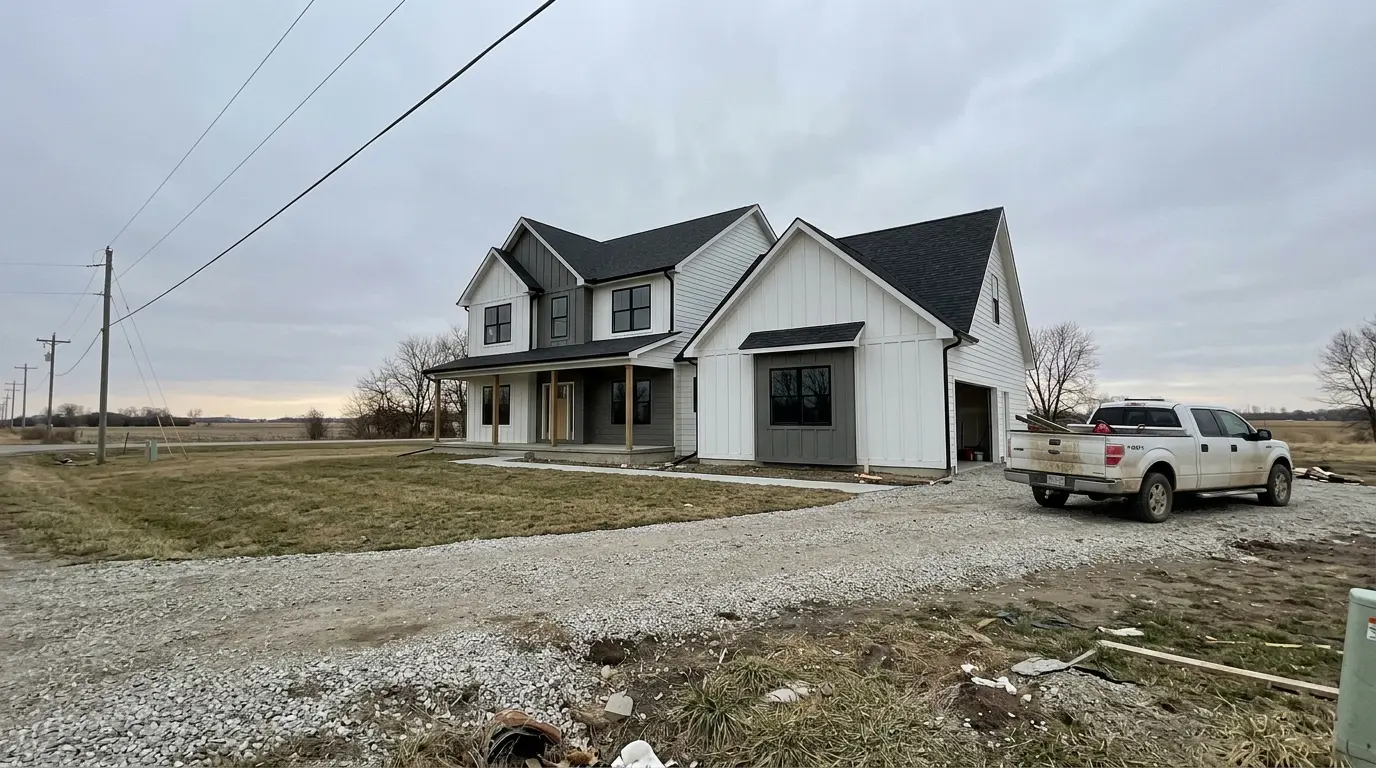 A newly completed custom farmhouse-style home on an acreage in eastern Nebraska, with a contractor's truck parked in the gravel drive