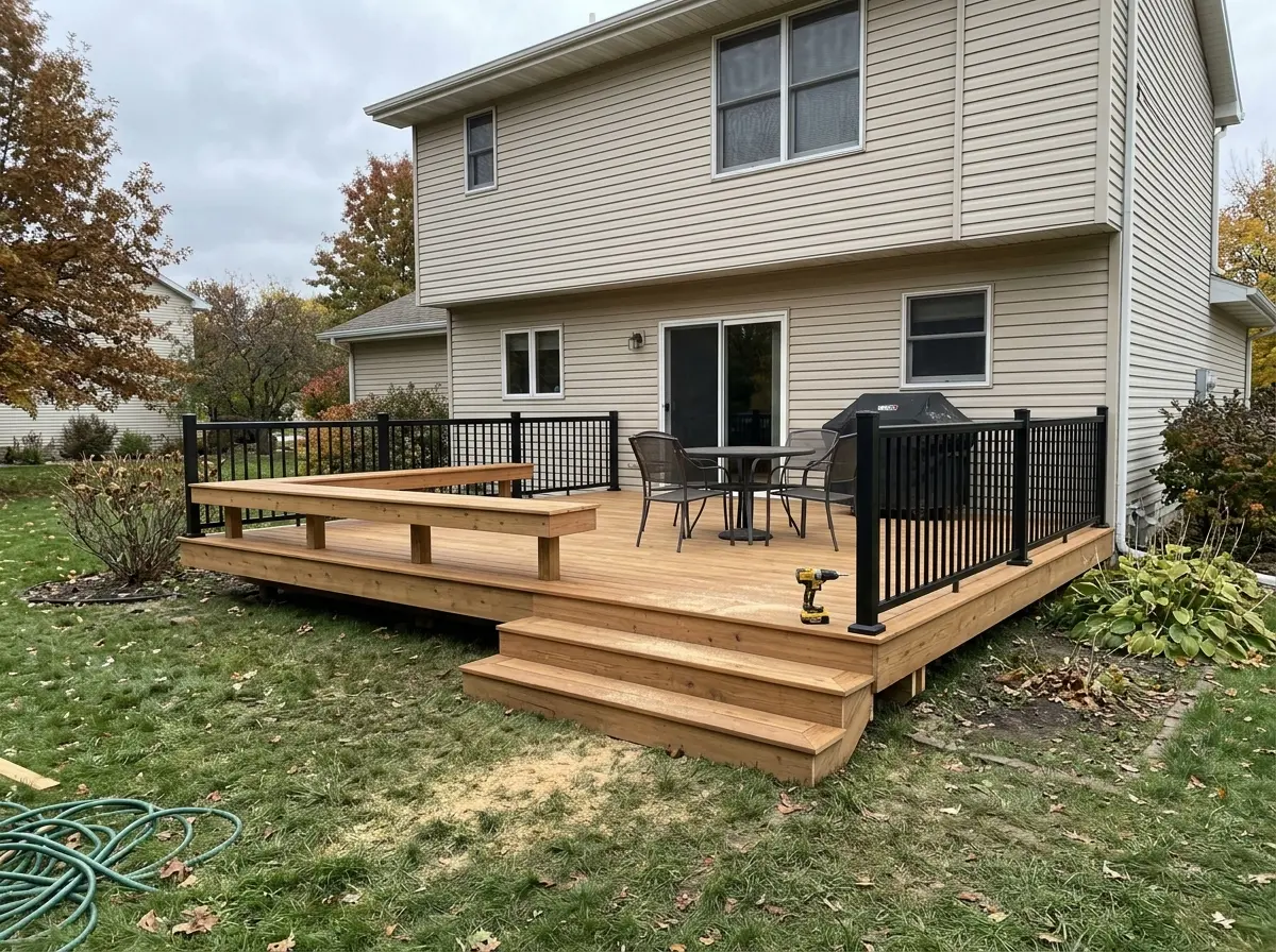 A newly built cedar deck with black aluminum railing and a built-in bench on the back of a suburban Nebraska home