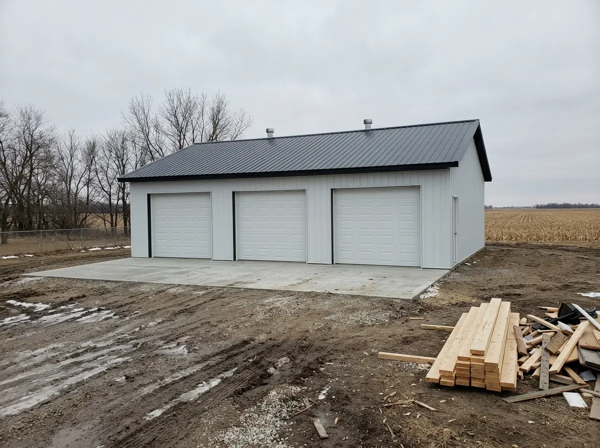 A newly finished three-car detached garage with white steel siding and a dark metal roof on a rural Nebraska property