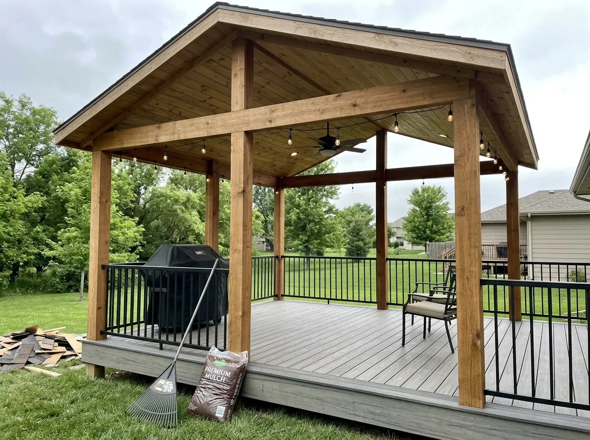 A newly built covered deck with cedar posts, a tongue-and-groove pine ceiling and string lights