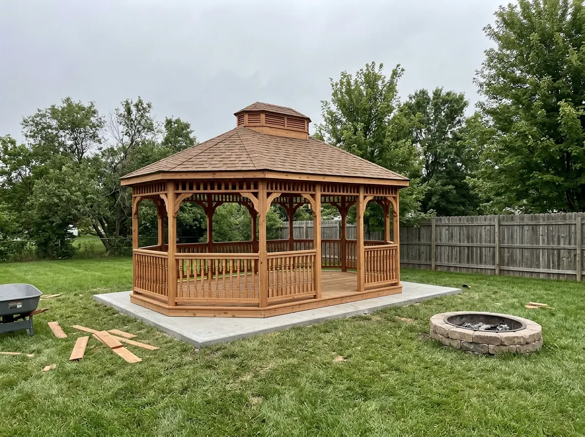 An octagonal cedar gazebo with a shingled roof and cupola in a large back yard