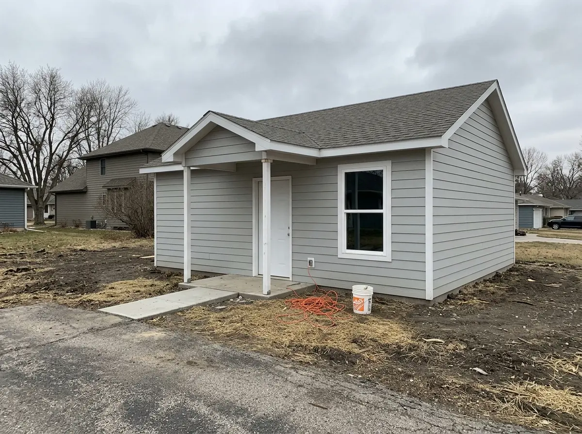 A small detached guest house with grey lap siding and a covered entry